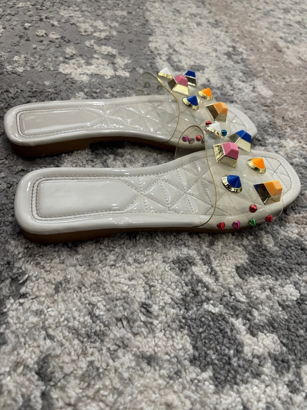 Women's Cream Quilted Slide Sandals with Multicolor Gem Accents